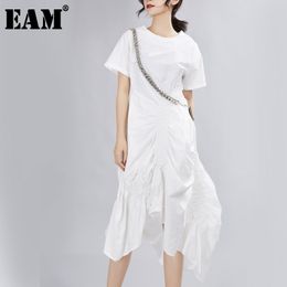 [EAM] Spring Summer Round Neck Short Sleeve Black Pleated Split Joint Loose Irregular Dress Women Fashion JX339 21512