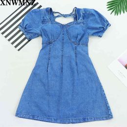 summer women Vintage Blue zipper denim dress Puff sleeve backless High Waist A-line females mini dresses vestidos za robe 210510