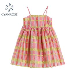 Vintage Korean Spaghetti Strap Dress Women Summer Fashion Pink Plaid Sleeveless Backless High Waist Female Dresses 210515