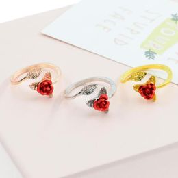 Trendy Red Rose Garden Flower Leaves Open Ring Resizable Finger Rings For Women Valentine's Day Gift Jewelry