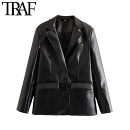 TRAF Women Vintage Stylish PU Faux Leather Pocket Blazer Coat Fashion Notched Collar Long Sleeve Female Outerwear Chic Tops 210415