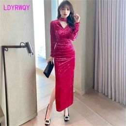 Spring women's velvet dress slimmed down Office Lady Sheath Zippers Knee-Length Regular 210416