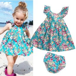 Kids Baby Girls Summer Sleeveless Flower Printed Princess Dress Fashion Beach Chidren Skirt with Panties 80cm-110cm