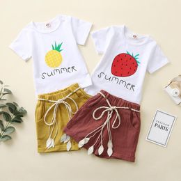 Clothing Sets (6M-4Y) Kids Suit Short-sleeved Strawberry Lemon Fruit Letter Print Top T-shirt + Solid Color Shorts Decorative Rope 50*