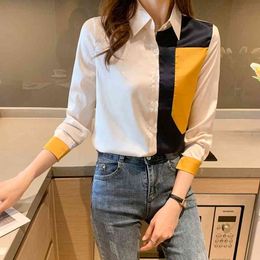 Korean Silk Women Shirts Woman Satin Blouse Shirt Women Long Sleeve Silk Shirts Top Plus Size Office Lady Satin Patchwork Blouse 210410