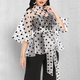 White Polka Dot Peplum Blouse for Women Half Flare Sleeves Waist Belt Flimsy See Through Sexy Thin Transparent Tops Shirt Autumn 210527