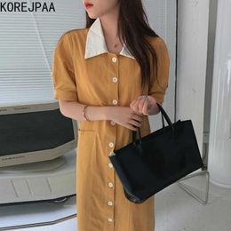 Korejpaa Women Dress Summer Korean Chic French Temperament Lapel Single-Breasted Loose Big Pocket Puff Sleeve Vestidos 210526