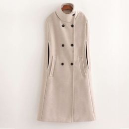 Women Elegant Neckline Side Buttons Double Breasted Sleeveless Cloak Concise Long Coat Chic Top 210520