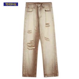 SHEC Hip Hop Men Denim Jeans Brown Washed Ripped Pants s Retro Vibe Trousers Loose Clothing 0309