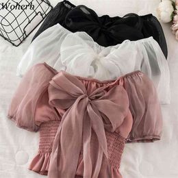 Blusas Mujer De Moda Sexy Women Shirt Bow Bandage High Waist Blouse Guaze Patchwork Short Blouses Sweet Vintage Tops 210519