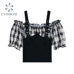 Korean Streetwear Plaid Short-Sleeved Wommen Comisole Blouses Slash Neck Black Skinny Vevts Summer Fake Two-Piece Tops 210515