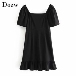 Women Elegant Black Mini Dresses Fashion Puff Short Sleeve Party Dress Ruffles A Line Solid Casual Dress Summer 210414