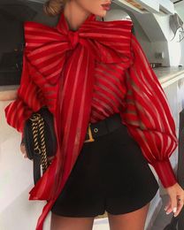New Arrival Chic Womens Casual Mesh Long Lantern Sleeve Striped Bandage High Neck Puff Sleeve Tops Formal Blouse Shirts Big Bow X0521