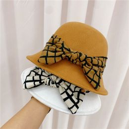 autumn winter wool hats polyester blended plaid bowknot ribbon lady bucket cap women leisure hat