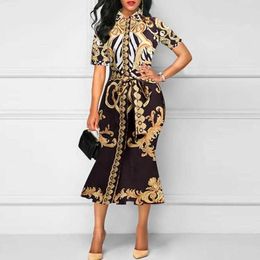 Retro Print Turn Down Collar Bag Hip Sheath Mid-Calf Dresses Women 210615