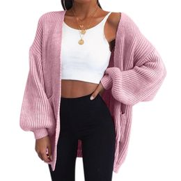 Autumn winter knitted loose cardigan Casual pocket open stitch long sleeve v neck cardigan sweater Pink red navy blue tops