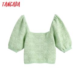 Women Jacquard Green Strethy Cropped Knitted Sweater Square Collar Puff Sleeve Female Pullovers Chic Tops BE560 210416
