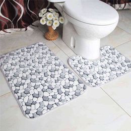 2Pcs/Set Cobblestone Bathroom Mat Set Flannel Anti-Slip Kitchen Bath Mat Carpet Bathroom Toliet Rug Washable Tapete 211109