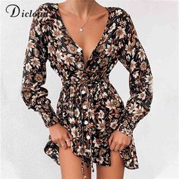 DICLOUD Women Floral Print Boho Party Dress Sexy V Neck Long Sleeve Spring Clothes With Waist Tie Elegant Day Dress 210630