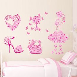 Colourful Flower Girl Bag Shoes Butterflies Wall Stickers Fior Kids Rooms Heart Wall Decals Girl's Bedroom Decor Mural Poster 210420