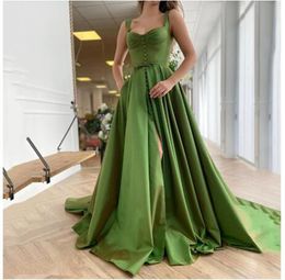 Arrival Green Satin Bustier A-Line Prom Dress Elegant Straps Evening Dresses Plus Size Split Party Gowns