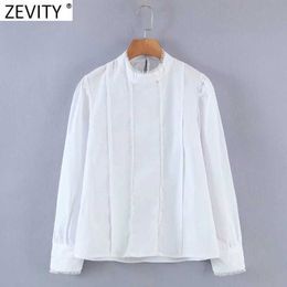 Zevity Women Sweet Stand Collar Lace Ruffles Decoration White Shirts Female Puff Sleeve Pullover Blouse Roupas Chic Tops LS9091 210603