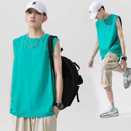 Summer Korean Fashion O-Neck Mens Tank Tops 100% Cotton Soft Loose Oversize Sleeveless Tops Black Lake Green 210528