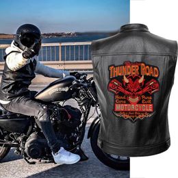 Thunder Road Men Biker Jackets Vest Solid Colour Leather Jacket Punk Motorcycle Jacket Embroidery Jacket Short Coats 211009