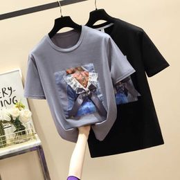 large size women Summer thin cotton t-shirt short sleeve o neck bow Harajuku Diamond loose Tshirt female top tee 210604