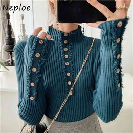 Autumn Half-high Collar Slim Fit Women Pullovers Chic Exquisite Button Tops Korean All-match Knitted Sweaters 210422
