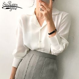 Ladies' Clothes White Chiffon Shirt Women OL Long Sleeve Solid Blouse and Tops Cardigan Blusas Mujer De Moda 8876 50 210427