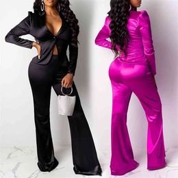 OMSJ Spring Autumn Pant Suits Woven Fabric Sexy Trendy Office Lady Work Wear Female Lapel Suit And Wide Leg Pants Clubwear 210517