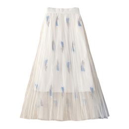 Mesh A Line Feathers Embroidery White Beige Maxi Long Skirt High Street Empire Vintage Retro S0050 210514