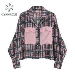 Fashion ladies Long Sleeve Loose Plaid Shirts Autumn Patchwork pockets Casual Streetwear Turn-down Collar Blouses tops 210417