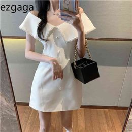 Ezgaga Elegant Off Shoulder Dress Women Slash Neck Pearl Button Solid A-Line Korean Fashion High Waist Summer Sexy Party Dress 210430