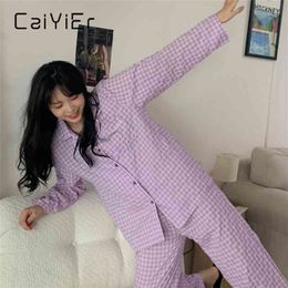 CAIYIER Grid Cardigan Pyjamas Set For Women Winter Soft Girls Sleepwear Suit Autumn Long Sleeve Trousers Female Koren Homewear 210330