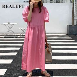 Summer Loose Women Long Dresses Vintage Sqaure Neck Short Sleeve Lace Up Chic High Waist Straight Female Dress 210428