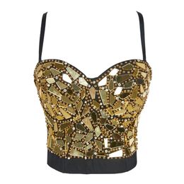 Atoshare Sexy Women Silver Gold Sequin Rhinestone Top Lady Rave Outfit Pearl Glitter Tops Bustier Female Corset Crop Top Strass 210407