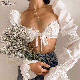 Nibber French Romantic Elegant Crop Tops For Women Sweet T-shirts Summer Street Casual Wear Female White Full Sleeve Tee 2021Top Y0629