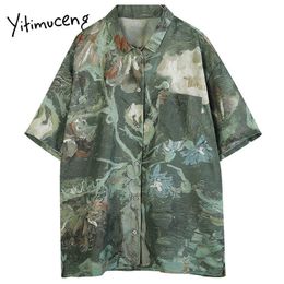 Yitimuceng Print Blouse Women Button Up Shirts Loose Summer Turn-down Collar Single Breasted Short Sleeve Casual Tops 210601