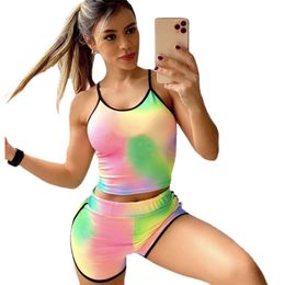 Plus size 2XL Summer tie dye outfits Women jogger suits stretchy tracksuits sleeveless tank top+shorts fitness two piece set sportswear casual sweatsuits 4838