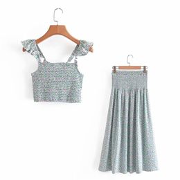 Casual Woman Stretchy Flower Skirt Suits Summer Sweet Beach Camisole Suit Girls Cute Mint Green Matching Sets 210515