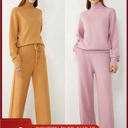 AMII Minimalism Autumn Winter Women Fashion Solid Turtleneck Sweater Tops Causal Elastic Waist Loose Female Pants 12040358 211105