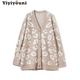 Yiyiyouni Autumn Winter Oversized Leopard Sweater Cardigan Women Casual V-neck Knitted Sweaters Single Breasted Jumper 210922