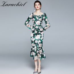 Runway Floral Print Neck Ruffles Mermaid Women Satin Green Puff Sleeve V Back Ruched Female Midi Bodycon Dress 210416