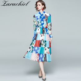 Summer Fashion Chiffon Pleated Women's Bow Tiered Collar Polka Dot Plaid Flower Print Elegant Holiday Midi Dress 210416
