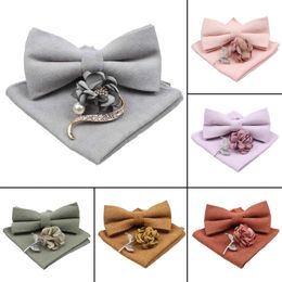 Men Super Soft Suede Solid Colour Cotton Bow Tie Handkerchief Brooch Set Bowtie Orange Pink Blue Butterfly Wedding Novelty Gift