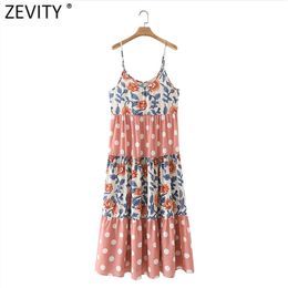 Women Fashion Polka Dot Patchwork Flower Print Sling Midi Dress Female Chic V Neck Casual A Line Summer Vestidos DS8132 210420