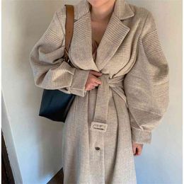 Spring Woolen Coat Women Lantern Sleeve Single Breasted Plaszcze Damskie Plus Size Manteau Femme Hiver Chic Overcoats 210510