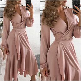 Evening Ball Gowns Spring Female Robes Women V-Neck Ruffles Long Lantern Sleeve Lace Up Pink Boho Party Birthday Mermaid Dress Y1006